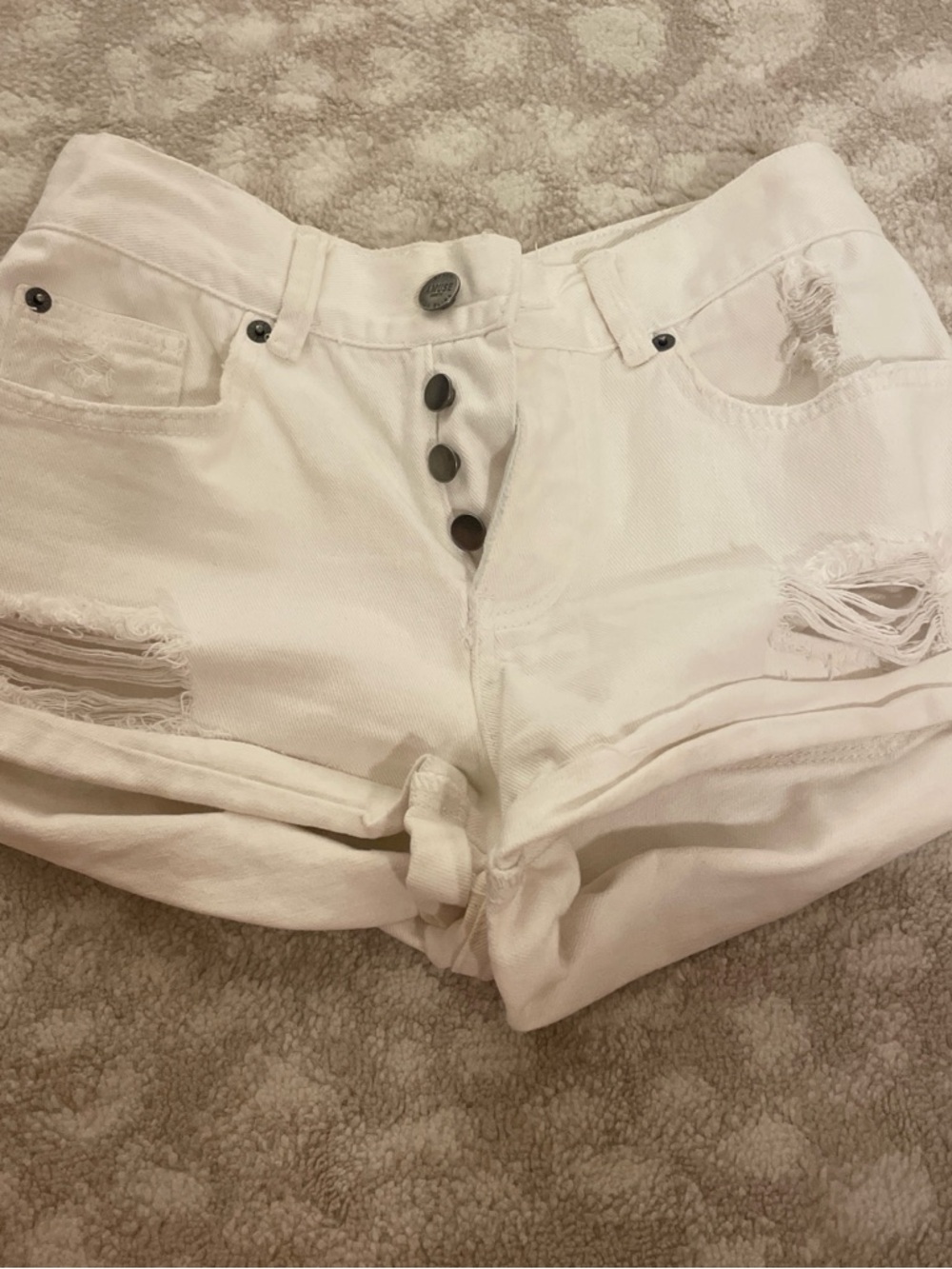 Amuse Society White Distressed Button-Fly Denim Shorts